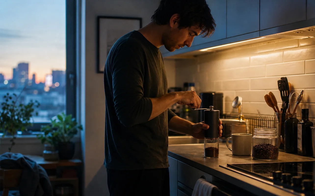 A realistic everyday scene illustrating a person grinding coffee quietly before sunrise in a compact apartment kitchen