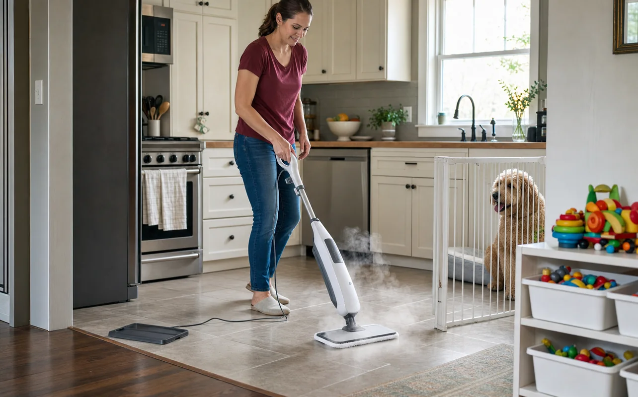 An editorial lifestyle scene illustrating a robot vacuum crossing a hard-floor kitchen after breakfast spills and muddy pet tracks