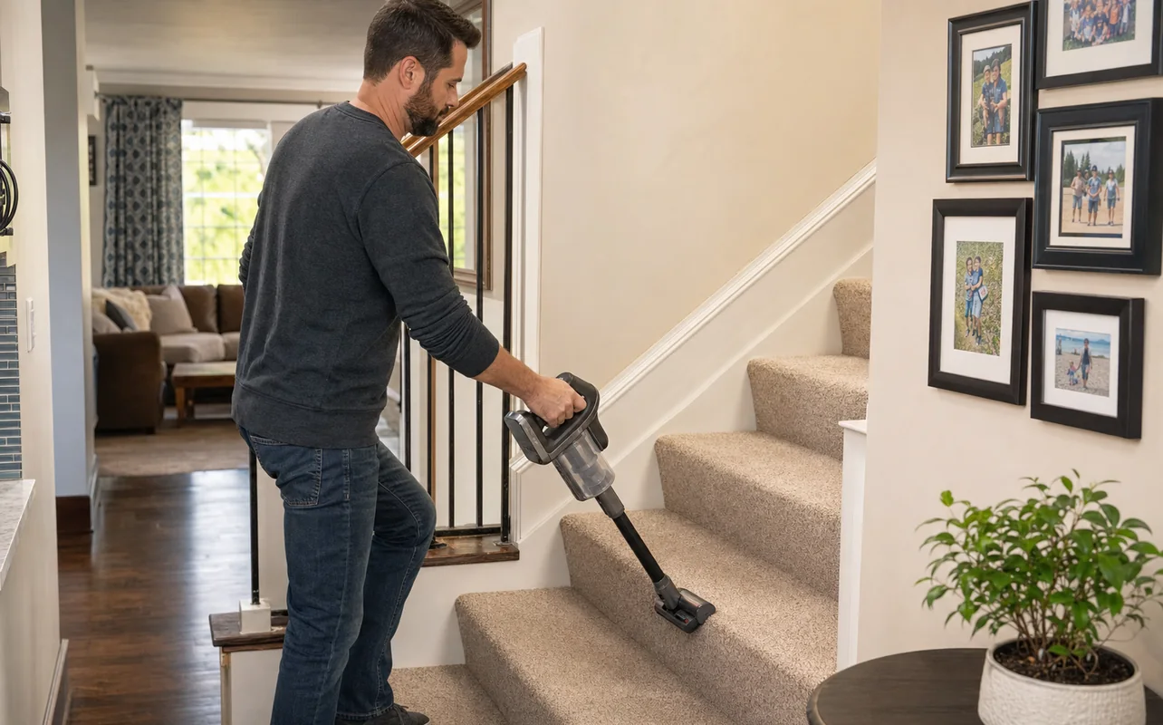 An editorial lifestyle scene illustrating an ultra-slim robot vacuum navigating chair legs, cables, low cabinets, and mixed flooring in a busy home