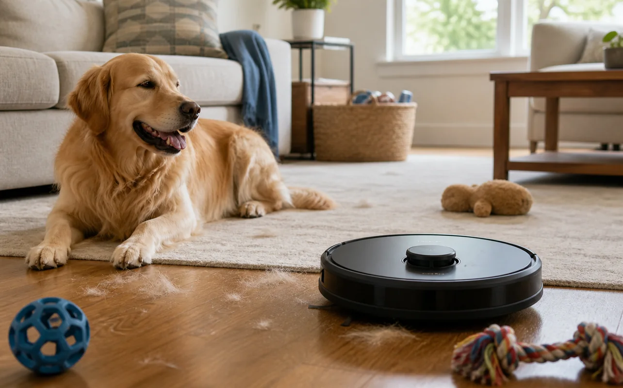 An editorial lifestyle scene illustrating a robot vacuum identifying a sock near a doorway before returning to clean the space it blocked