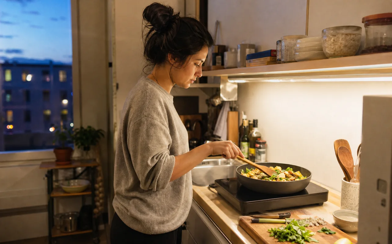 An editorial lifestyle scene illustrating a family filling a pot and reusable bottles from a dedicated smart faucet in a compact kitchen