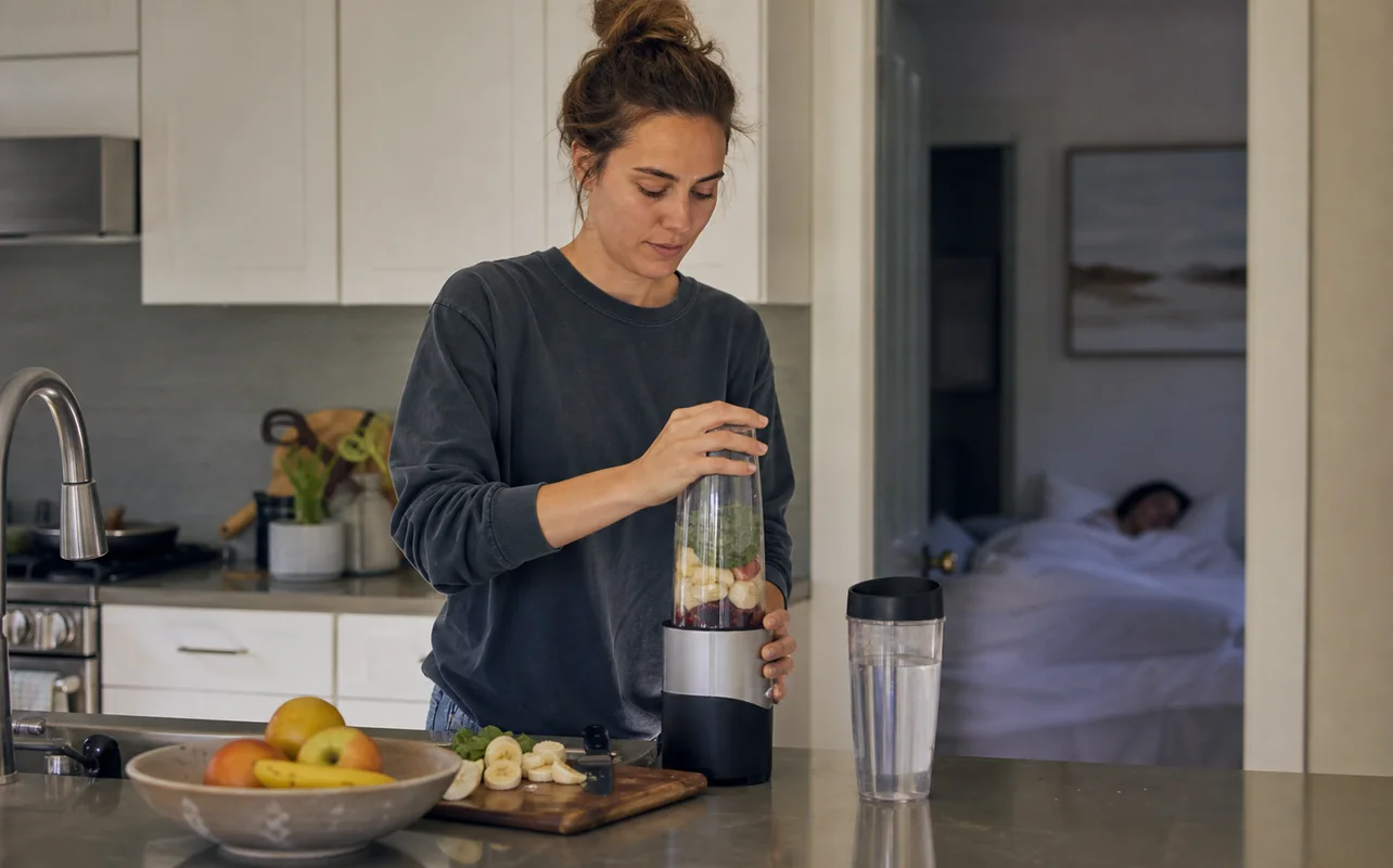 An editorial lifestyle scene illustrating a renter making tea from a countertop ro dispenser without drilling a faucet hole
