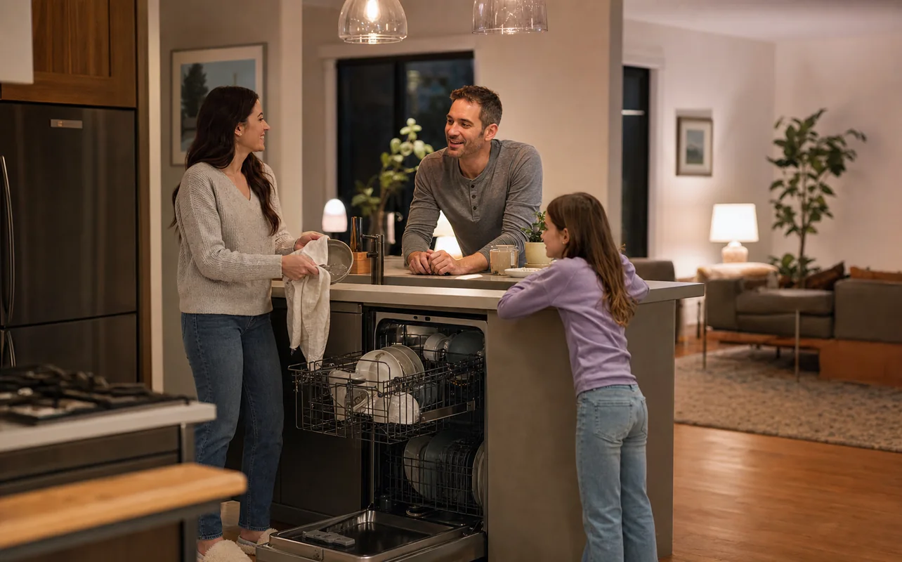 An editorial lifestyle scene illustrating a large household filling bottles and a coffee maker during the same busy kitchen morning